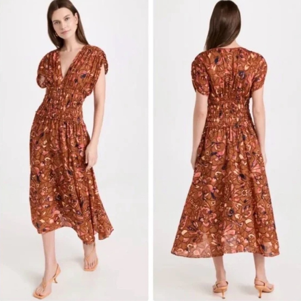 A.L.C. Lucia Smocked V-Neck Midi Dress Size 4